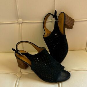 Franco Sarto Perforated Suede Leather. Open-toe, Sling-Back. Very lightly worn.